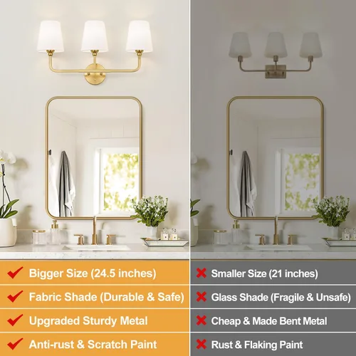 Miniatura 2 de MOKATNG Lámparas de baño, 3 luces doradas cepilladas, accesorios de iluminación de baño sobre espejo con pantalla de tela blanca acampanada