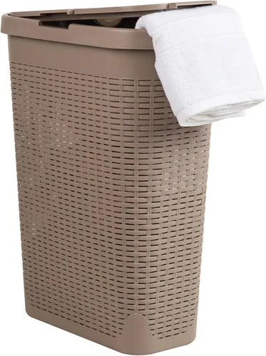 Miniatura 18 de Mind Reader Cesta de lavandería delgada con tapa, cesta de ropa de 40 L, diseño de mimbre premium, plástico, azul bebé