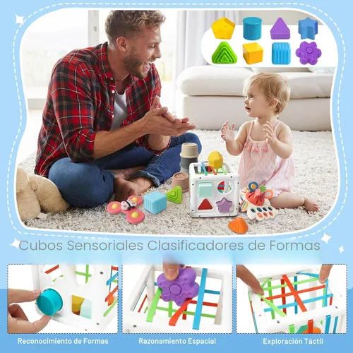Miniatura 5 de Juguetes Montessori 6 en 1 para bebés de 6 a 12 meses — Juguete de cuerda de jalar, cubo sensorial, tazas apilables, caja de pañuelos, girador