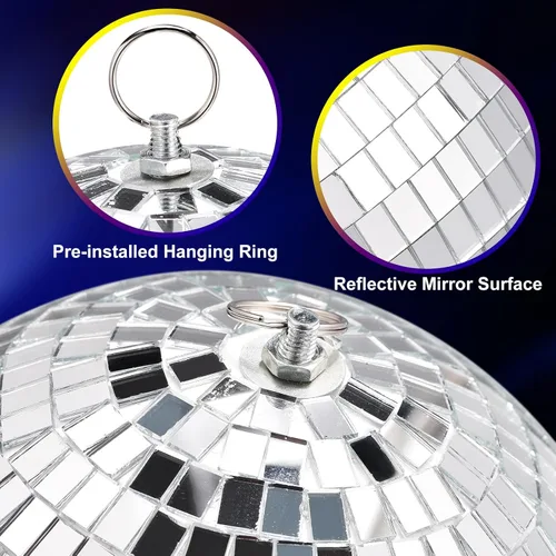 Miniatura 3 de MECCANIXITY Bola de espejo, 4, 6, 8 pulgadas, bolas de cristal para decoración de discoteca reflectantes con anillo para colgar, tono plateado