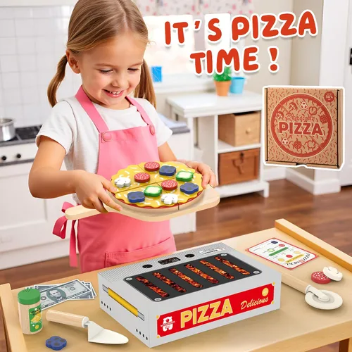 Miniatura 7 de WOODMAM Montessori - Juego de juguetes de pizza, comida realista con caja de horno, juguetes educativos de aprendizaje para niños en edad preescolar