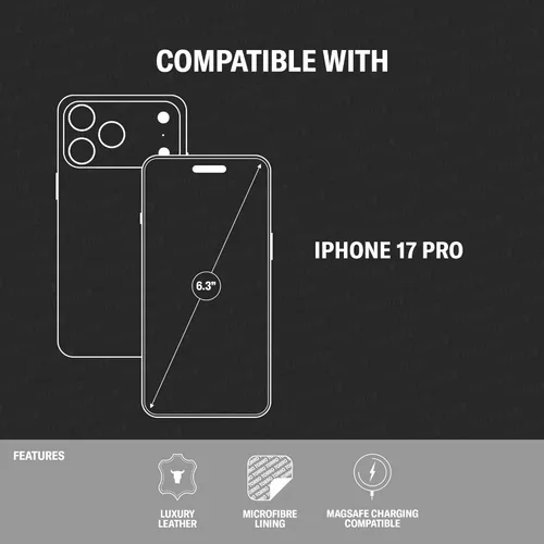 Miniatura 2 de Funda de cuero premium TORRO Compatible con iPhone 17 Pro 6.3” 2025 – Cuero genuino MagSafe Compatible, Funda de parachoques ultra delgada (Negro)