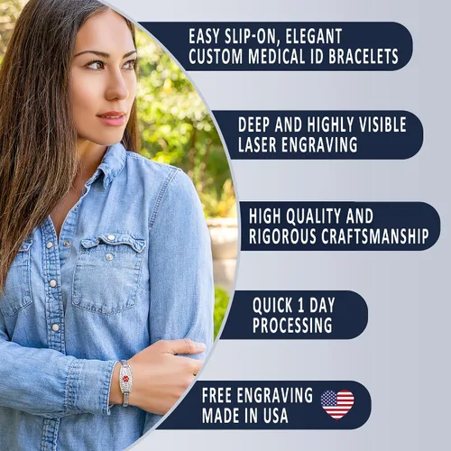 Miniatura 3 de Pulsera de Alerta Médica Elástica Oliva Divoti – Etiqueta de ID de Acero Inoxidable Grabada Personalizada – Hipoalergénica, Sin Cierre