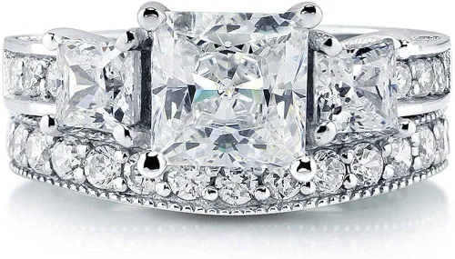 Miniatura 2 de BERRICLE Juego de anillos de compromiso de boda de plata de ley de 3 piedras con circonita cúbica de corte princesa para mujer, chapado en rodio