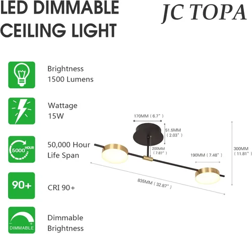 Miniatura 3 de Lámpara de techo moderna, 15 W, 2 luces, regulables, LED, luces de techo semiempotradas para comedor, cocina, sala de estar, dormitorio, oficina