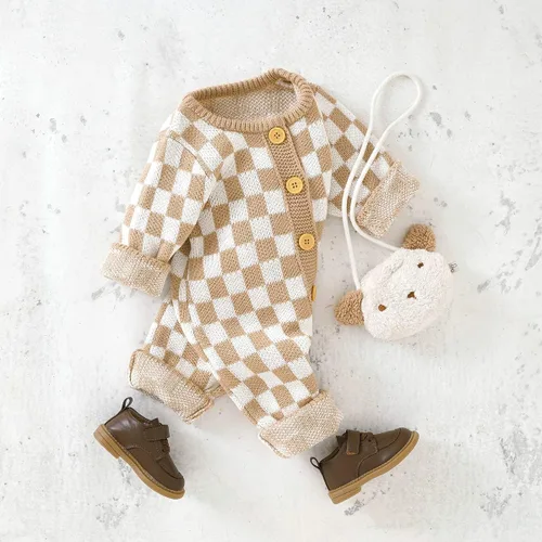Miniatura 2 de Mameluco de punto unisex para bebé, niña, niño, overol de punto a cuadros, de una pieza, suéter con botones