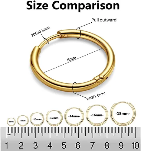 Miniatura 6 de Aretes de aro Huggie para mujeres y hombres, acero inoxidable quirúrgico 316L, 0.236 in, 0.315 in, 0.394 in, para hombre, aretes de aro