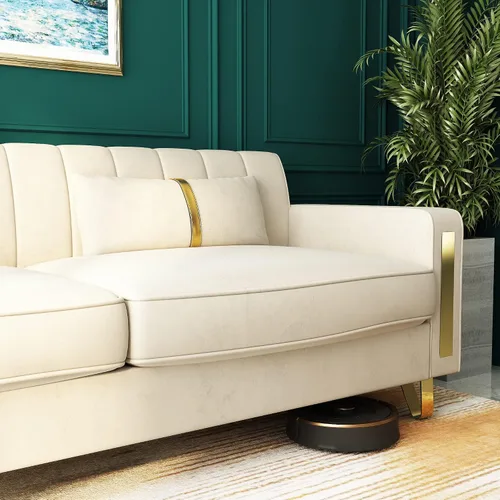 Miniatura 7 de Sofá cama modular de tela de terciopelo de 85.62 pulgadas, 3 asientos, fácil de montar con 2 almohadas de sofá, patas de metal dorado para sala