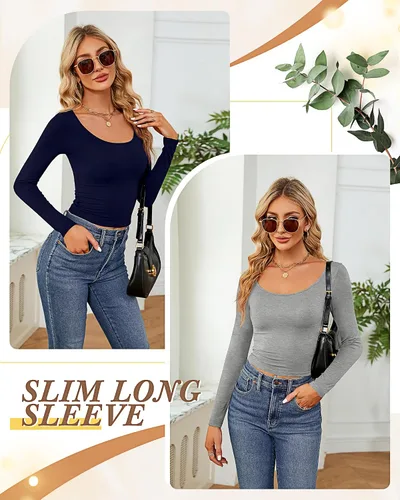Miniatura 5 de Ficerd 3 piezas de camisetas cortas básicas de manga larga para mujer, ajustadas, cuello redondo, color liso, casual, para mujer