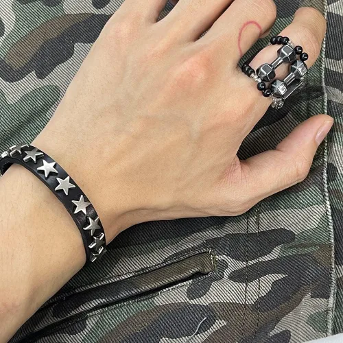 Miniatura 6 de YWMAN 2 pulseras góticas con tachuelas de pentagrama – Pulsera de cuero vintage con estrella – Pulsera de muñeca de roca hebilla joyería