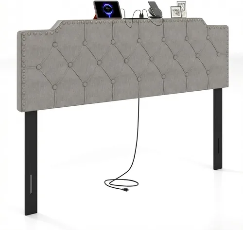 Miniatura 29 de Giantex Cabecero tapizado de lino para marco de cama Full y Queen, cabecero capitonado con botones de ancho ajustable solamente con patas de madera