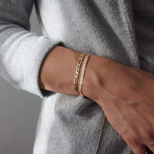 Miniatura 2 de Delicada pulsera de cadena de oro en capas para mujer, chapada en oro de 14 quilates, hecha a mano, ajustable, cuentas de satélite, ovaladas
