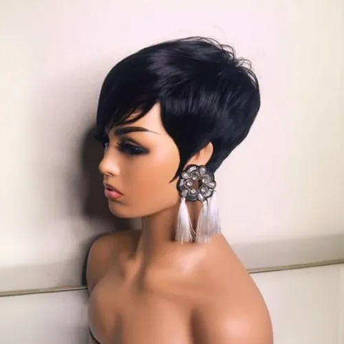 Miniatura 4 de PangDongLai Pelucas de cabello humano con corte Pixie para mujeres negras, pelucas de corte Pixie en capas con flequillo, sin pegamento, cabello
