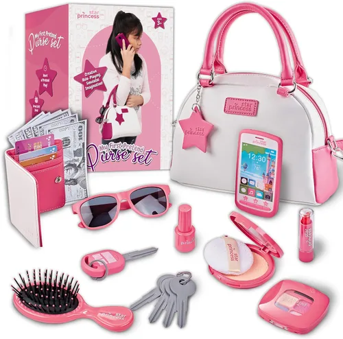 Miniatura 8 de Star Princess Juego de monedero de juego de simulación para niñas, bolso realista con accesorios: teléfono de juguete, cartera, tarjetas de crédito