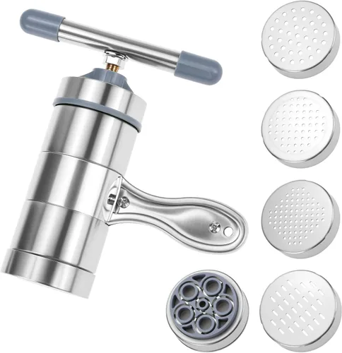 QWORK Máquina de fideos de acero inoxidable, máquina manual de pasta con 5 moldes de fideos, máquina de fideos de prensa de pasta
