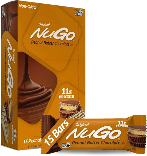 NuGo Barra de proteínas, mantequilla de maní, 0.39 oz de proteína, sin gluten, 15 unidades