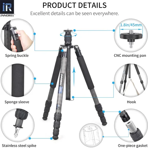 Miniatura 4 de Trípode INNOREL RT45C portátil de fibra de carbono de 10 capas sin cabeza esférica, trípode compacto y ligero para cámara DSLR, videocámara de video