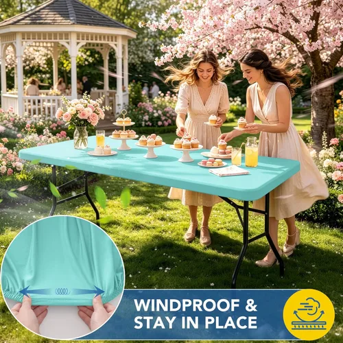 Miniatura 3 de Mantel de elastano para mesas rectangulares de 6 pies, paquete de 4 unidades, color azul aguamarina, para picnic al aire libre, manteles elásticos