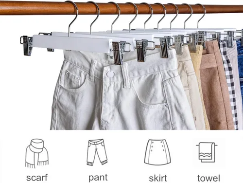 Miniatura 7 de Amber Home Paquete de 10 perchas de madera de color blanco sólido de 14.17 pulgadas para pantalones, pantalones y jeans con 2 clips ajustables