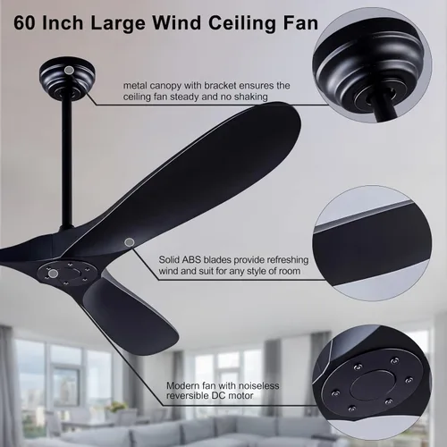 Miniatura 7 de QUTWOB - Ventilador de techo de 60 pulgadas con control remoto sin luces, moderno motor DC reversible para interiores y exteriores, ventiladores