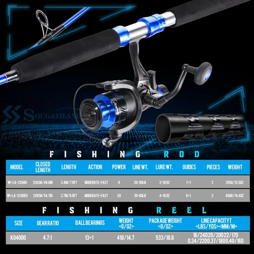 Miniatura 5 de Sougayilang Caña de pescar para bagre IM8 Carbon 2 piezas, MH Power Portable Travel Spinning Rod con carrete giratorio de tamaño 4000 -7 pies 0