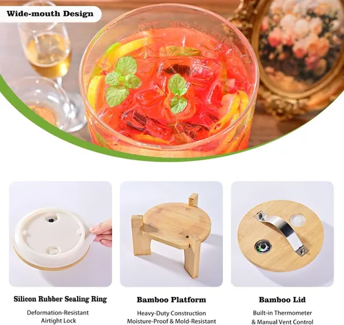 Miniatura 7 de Dispensador de bebidas de vidrio grande de 1.2 galones para fiestas, dispensador de bebidas con soporte de madera de bambú y grifo de acero