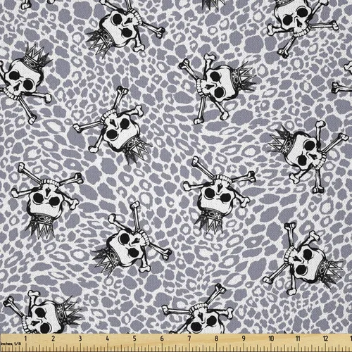 Miniatura 88 de Ambesonne The Yard, tela de calavera colorida con temática de Halloween, diseño de calavera y huesos cruzados, divertido estampado de dibujos