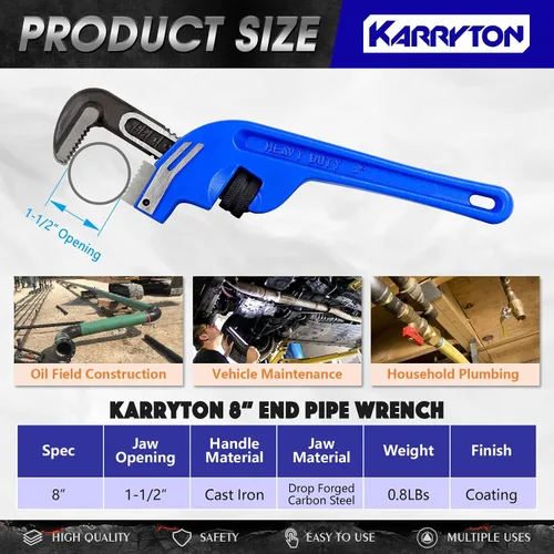Miniatura 2 de Llave de tubo de extremo KARRYTON de 8 pulgadas, mordaza ajustable de 1.5"/38mm, mango desviado de hierro fundido, llave de plomería perfecta