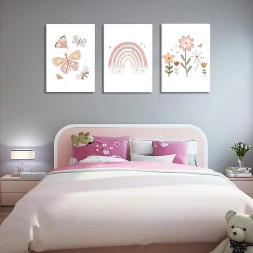 Miniatura 8 de Lienzo bohemio rosa para cuarto de bebé, arte de pared para habitación de niños, decoración de pared, diseño de flores de mariposa para niños