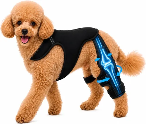 Rodillera para perro para patas traseras/traseras (ACL/CCL) - Soporte de doble pierna con 4 estabilizadores metálicos y arnés antideslizante |