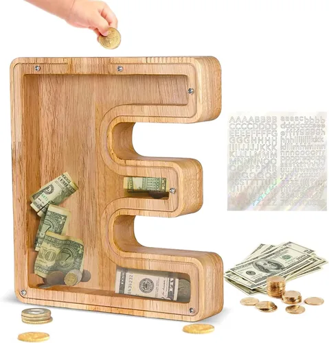 Miniatura 27 de Alcancía de Madera Personalizada con Letras del Alfabeto, Banco de Monedas con Letras del Alfabeto para Niños, Niñas y Bebés, Tamaño Grande, 26