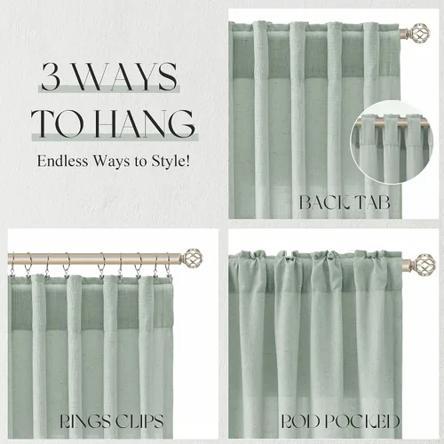 Miniatura 5 de Cortinas de Lino Verde Aguamarina con Trabillas Traseras de 84 Pulgadas de Largo para Sala de Estar, 2 Paneles con Bolsillo, Cortina Filtrante