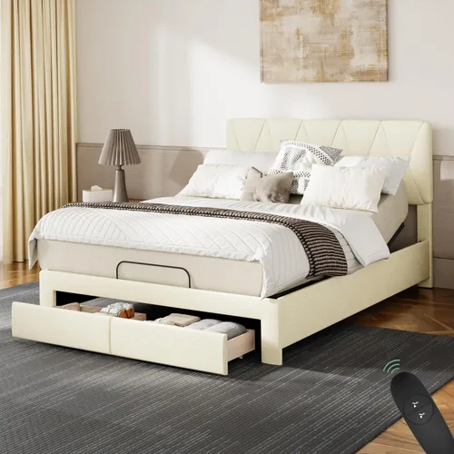 Miniatura 9 de Estructura de cama Queen todo en uno ajustable de Softa con cabecera tapizada y 2 cajones de almacenamiento, cama eléctrica con control remoto