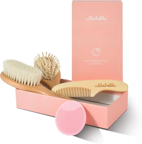 Ullabelle Juego de 4 cepillos y peines de madera para el pelo del bebé para recién nacidos y niños pequeños en caja de regalo elegante, pelo natural
