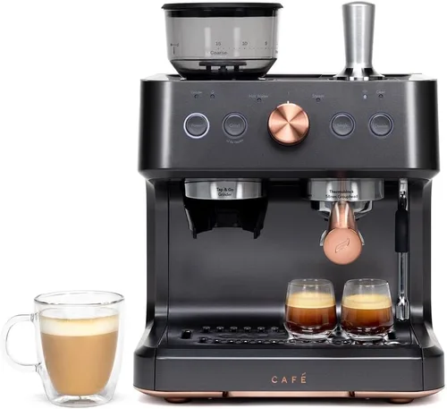 Café Bellissimo - Máquina de café expreso semiautomática con molinillo y espumador de leche, detalles de cobre, control de aplicación WiFi, tanque