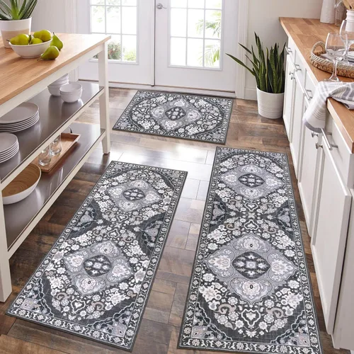 Miniatura 6 de HEBE - Juego de 3 alfombras de cocina de granja, antideslizantes, lavables, tapetes de cocina bohemios para suelo, alfombra de cocina, alfombra