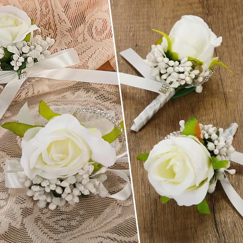 Miniatura 4 de Geosar Juego de 12 ramilletes blancos de boda y boutonniere para novia, dama de honor, incluye 6 muñequeras artificiales y 6 boutonniere