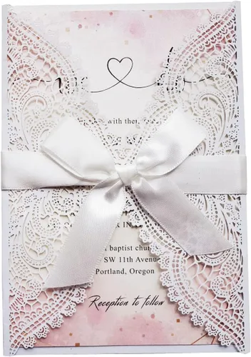 Miniatura 9 de 50 tarjetas de invitaciones de boda de encaje rosa con cintas y sobres para boda, despedida de soltera, compromiso, invitaciones de cumpleaños