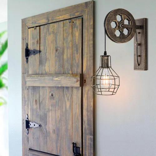Miniatura 2 de 1 Luminaria Industrial de Mediados de Siglo Retro de Hierro para Pared con Polea Elevadora, Lámpara de Pared que Presenta Pantalla de Jaula