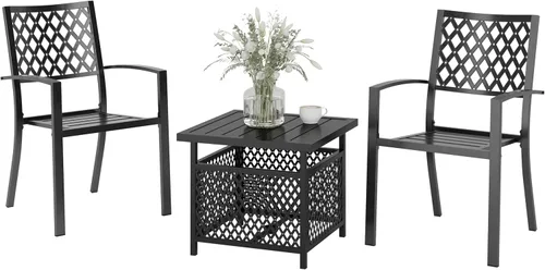Miniatura 17 de PHI VILLA Juego de comedor de 3 piezas para patio al aire libre, mesa redonda de metal con listones y 2 sillas de patio, juego de muebles de Negro