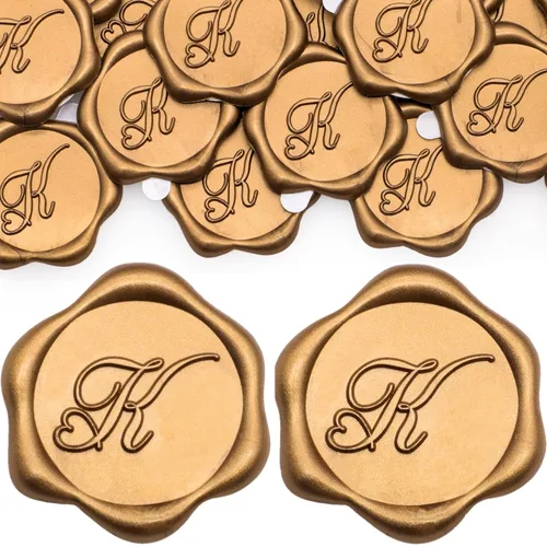 Miniatura 17 de SWANGSA Paquete de 50 calcomanías de sello de cera de letra A, diseño de corazón dorado antiguo, calcomanías de cera inicial para boda, fiesta