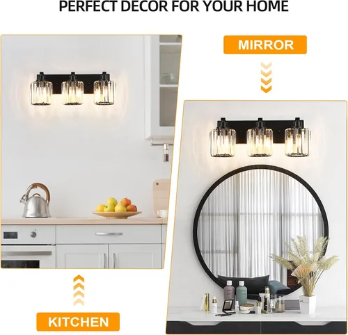 Miniatura 7 de 3 luces de cristal para tocador de baño, moderna lámpara de baño negra sobre espejo, luces de tocador para dormitorio, baño, pasillo, base E26