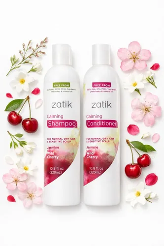 Miniatura 2 de Zatik Naturals - Juego de champú calmante + acondicionador, con jazmín y cereza silvestre para la caspa, vegano biodegradable, pH equilibrado, libre