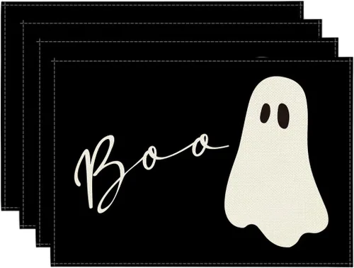 Artoid Mode Boo Ghost - Juego de 4 manteles individuales de Halloween de 12 x 18 pulgadas, color negro de temporada para decoración de fiestas,