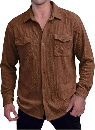 Miniatura 14 de Camisas con botones para hombre, casual, de manga larga, con cuello jacquard, texturizada, ligera, sobrecamisa, sobrecamisa