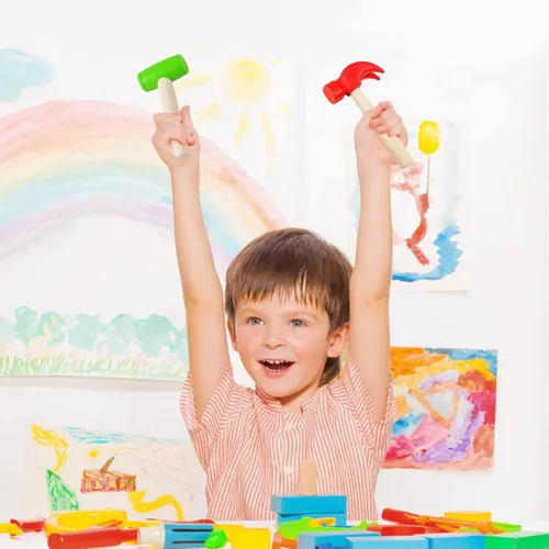 Miniatura 7 de Martillos de madera de simulación de martillos de madera pequeños de plástico para niños pequeños, herramientas de mantenimiento portátiles