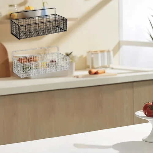 Miniatura 7 de Cestas colgantes de alambre de cocina, organizador de frutas negro para montaje en pared, sin perforaciones, soporte de metal pequeño para gabinete