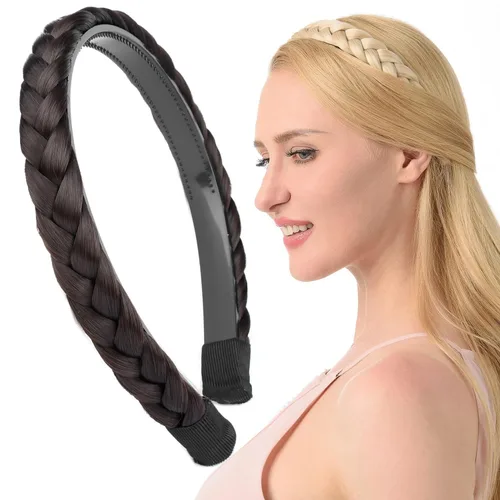 Miniatura 20 de Ancho de 1.5 cm Banda de pelo sintético trenzada estrecha con dientes para mujeres y niñas (Negro)