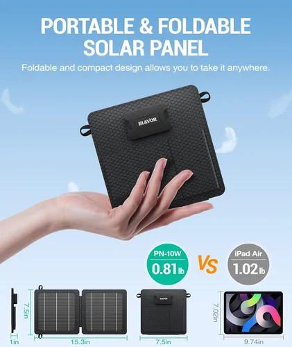Miniatura 2 de BLAVOR Cargador solar portátil de 10 W (5 V/2 A máximo), pequeño panel solar plegable con salidas USB-C USB-A compatibles con tableta de teléfono