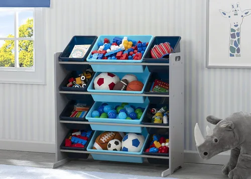 Miniatura 2 de Delta Children Organizador de almacenamiento de juguetes para niños con 12 contenedores de plástico, certificado Greenguard Gold, gris/azul